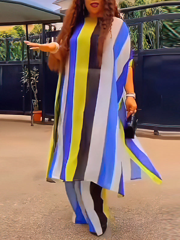 Contrast Color See-Through Split-Side Striped Batwing Sleeves Loose Two Pieces Set Pants Set