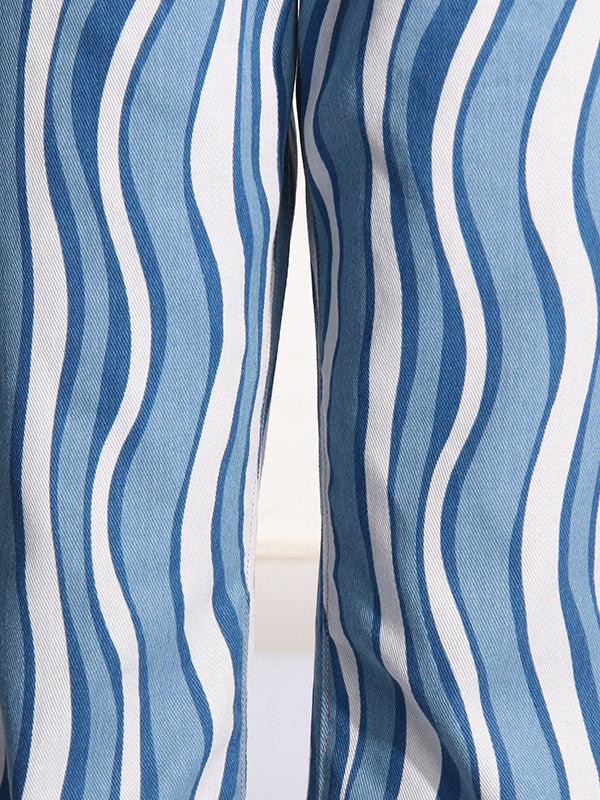 Split-Joint Striped Patterns High Waisted Loose Jean Pants Bottoms