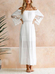 Pleated Solid Color Split-Joint High Waisted Loose Off-the-shoulder Maxi Dresses