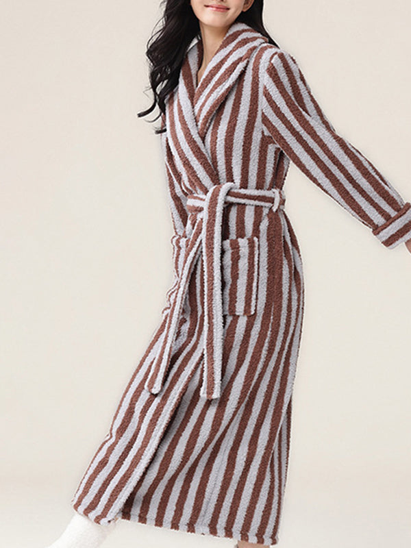 Split-Joint Striped Tied Waist Long Sleeves Loose Lapel Robes
