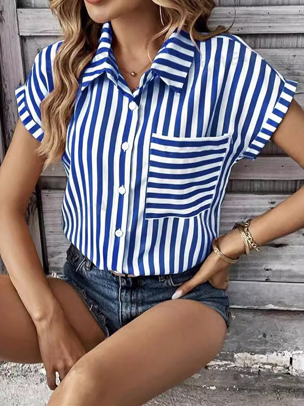 Contrast Color Split-Joint Striped Patterns Loose Short Sleeves Lapel Blouses&Shirts Tops