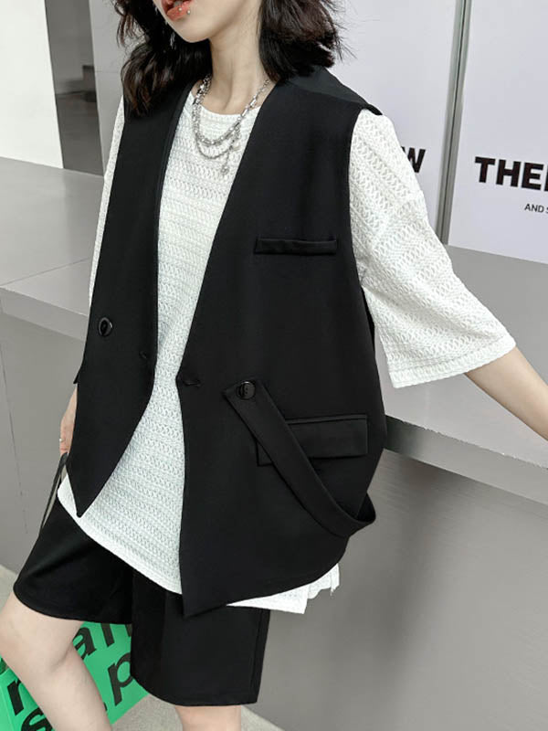 Asymmetric Split-Joint Tied Waist Loose Sleeveless V-neck Vest Outerwear