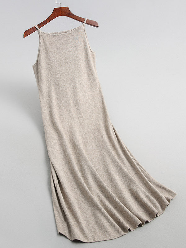 Solid Color A-Line High Waisted Spaghetti-Neck Midi Dresses