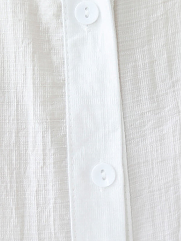 Pleated Solid Color Split-Joint Half Sleeves Loose Lapel Blouses&Shirts Tops