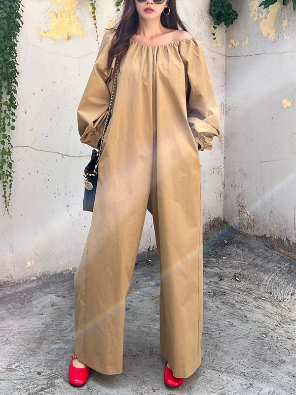 Elasticity Pleated Pockets Solid Color Long Sleeves Loose Round-neck Jumpsuits