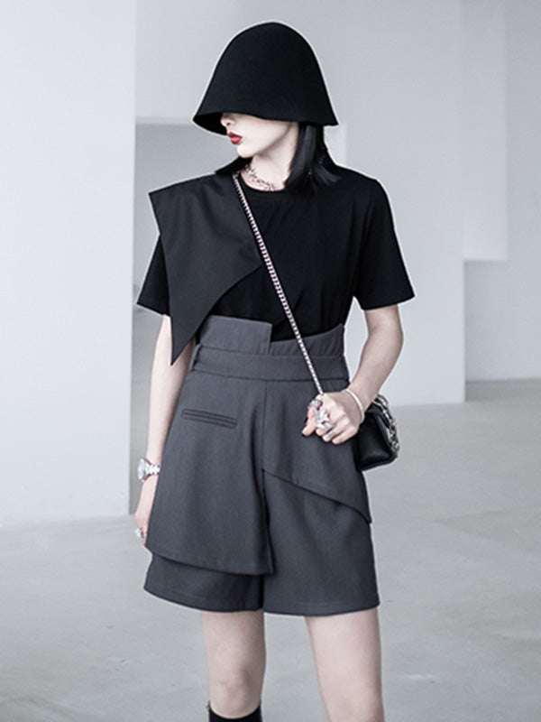 Urban Asymmetric Split-Front Solid Color Short Sleeves T-Shirt Top