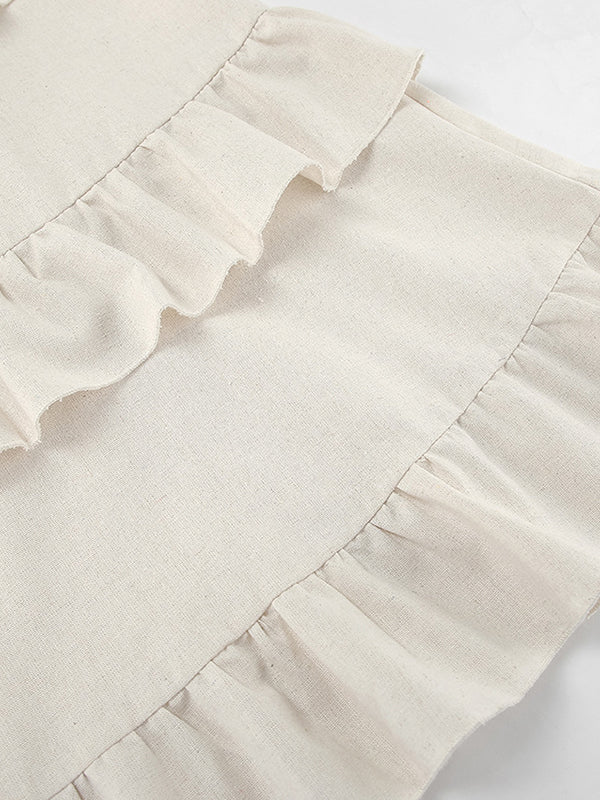 Ruffle Trim Solid Color Tied Zipper A-line Loose Spaghetti-Neck Mini Dresses