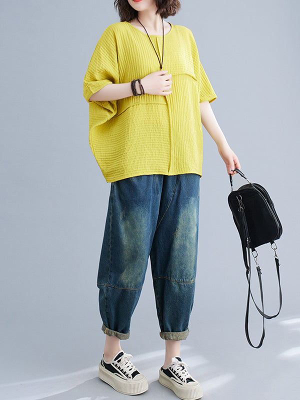 Solid Color Split-Joint Batwing Sleeves Loose Round-neck T-Shirts Tops