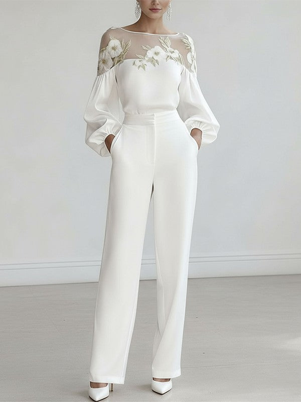 Loose Puff Sleeves Applique Flower Shape Mesh Split-Joint Round-Neck Blouses&Shirts Tops