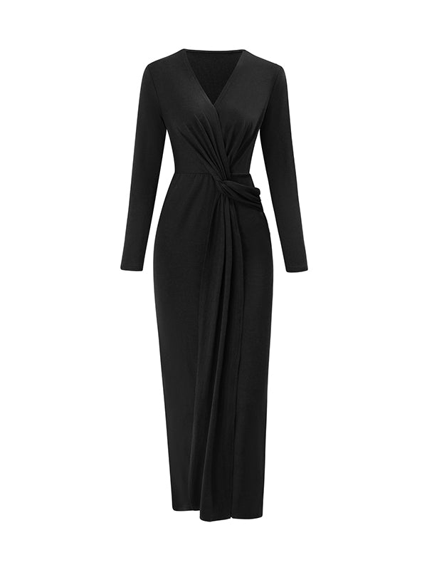 Bowknot Solid Color Bodycon Long Sleeves V-neck Maxi Dresses