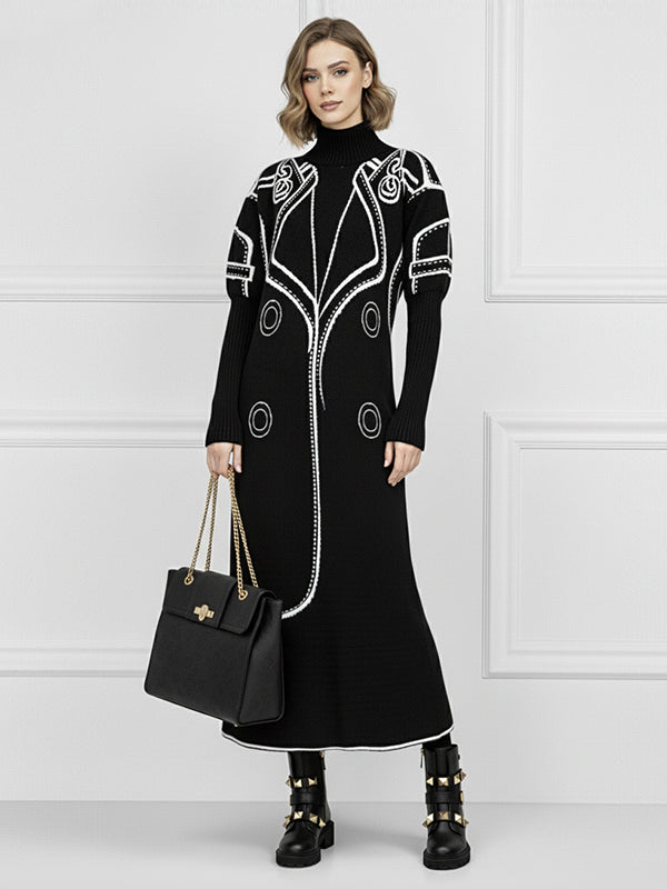 False Two Long Sleeves Print Half Turtleneck Midi Dresses Sweater Dresses