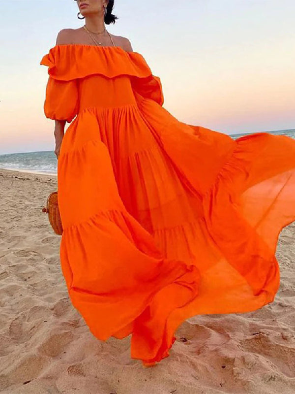 Loose Puff Sleeves Pleated Solid Color Off-The-Shoulder Maxi Dresses