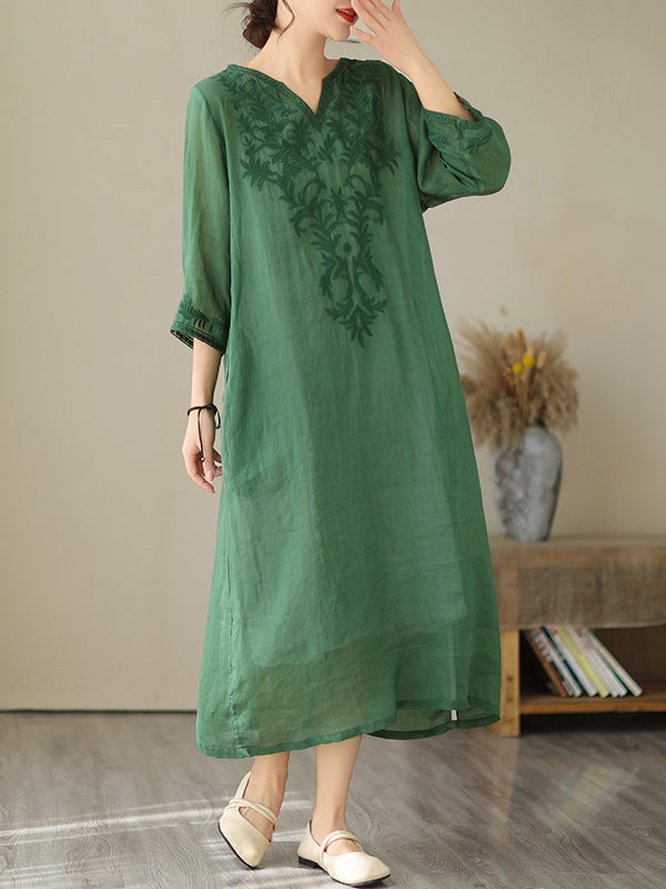 Embroidered Solid Color A-Line Loose V-Neck Midi Dresses
