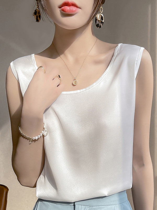 Solid Color Loose Sleeveless Round-Neck Vest Top