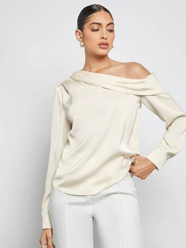 Pleated Solid Color Split-Joint Long Sleeves Skinny One-Shoulder Blouses&Shirts Tops