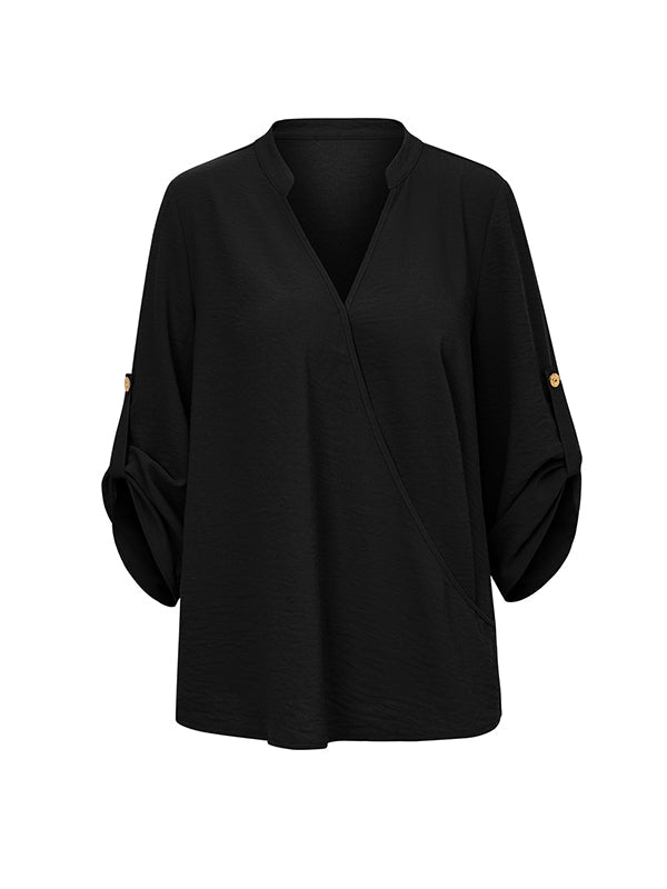 Asymmetric Buttoned Solid Color Long Sleeves Loose V-Neck Blouses&Shirts Tops