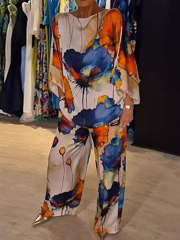 Printed Split-Joint Batwing Sleeves Loose Round-neck Blouses&shirts Tops