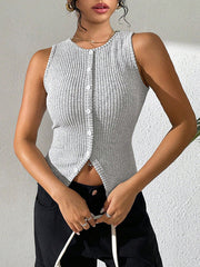 Buttoned Solid Color Skinny Sleeveless Round-Neck Vest Top