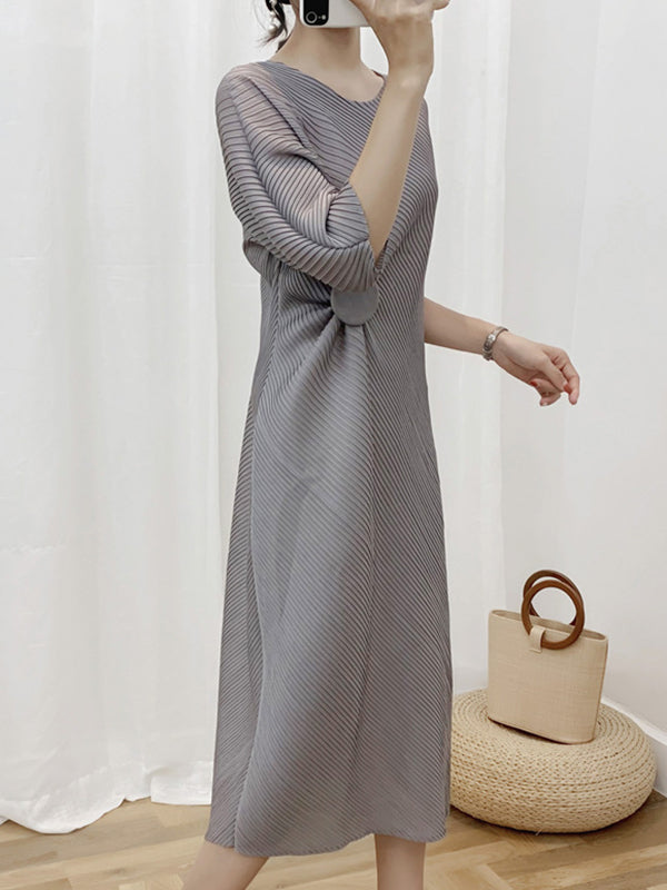 Pleated Solid Color Half Sleeves Irregular Clipping Round-Neck Midi Dresses