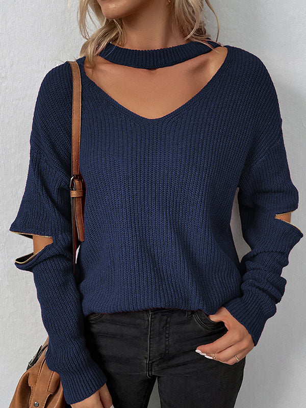 Hollow Solid Color Zipper Long Sleeves Loose V-Neck Sweater Tops Pullovers