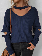 Hollow Solid Color Zipper Long Sleeves Loose V-Neck Sweater Tops Pullovers