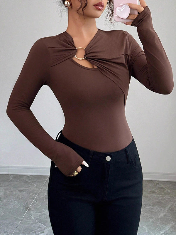 Solid Color Split-Joint Long Sleeves Skinny Asymmetric Collar T-Shirts