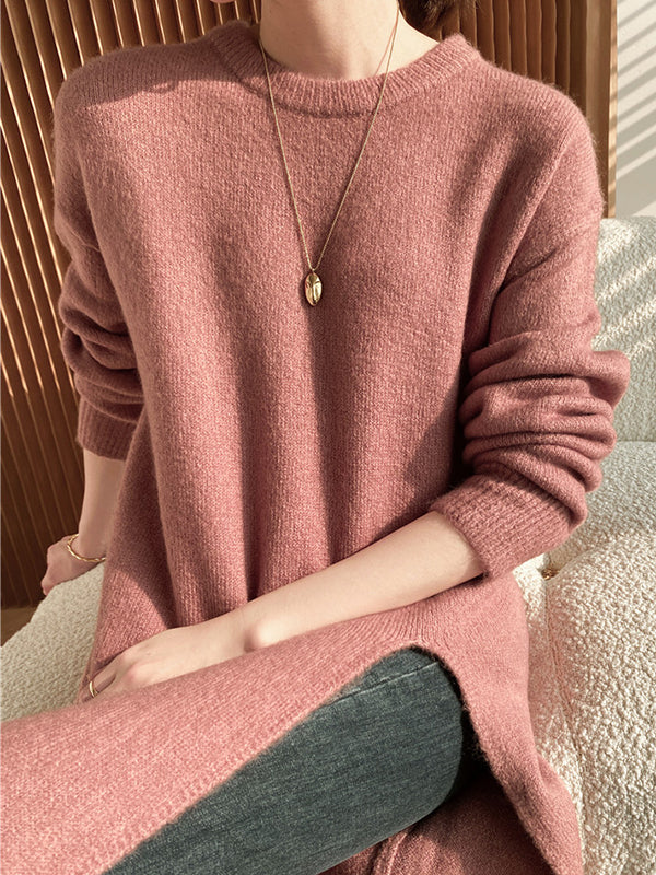 Loose Split-Side Solid Color Round-Neck Knitting Sweater Dresses