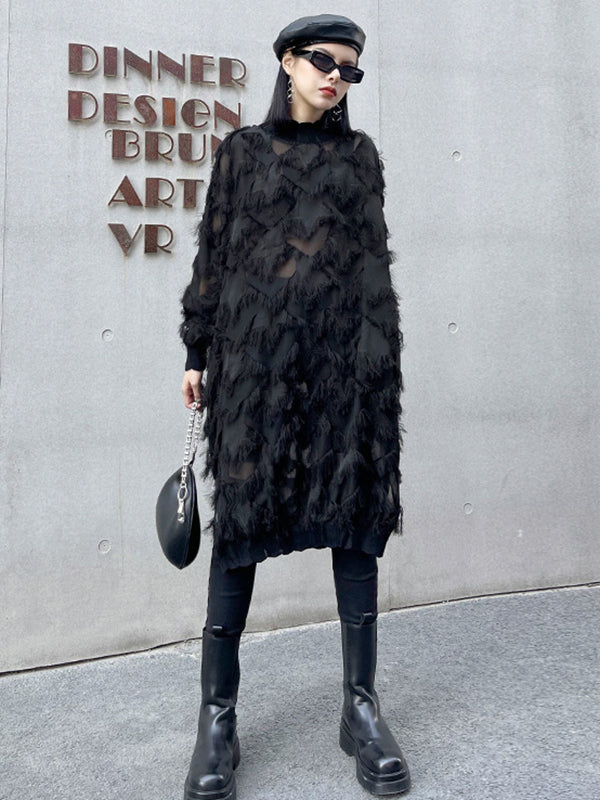 Asymmetric Mesh Pockets See-Through Solid Color Split-Joint Tasseled Irregularity Long Sleeves Stand Collar Midi Dresses