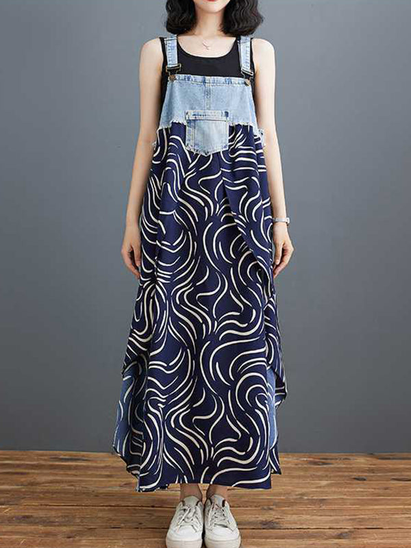 Contrast Color Pockets Printed Split-Joint A-Line Loose Spaghetti-Neck Suspender Dress Maxi Dresses