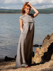 Simple Gray Ramie Cotton Cap Sleeve Maxi Dress