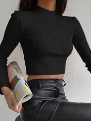 Solid Color Long Sleeves Skinny Mock Neck T-Shirts Tops
