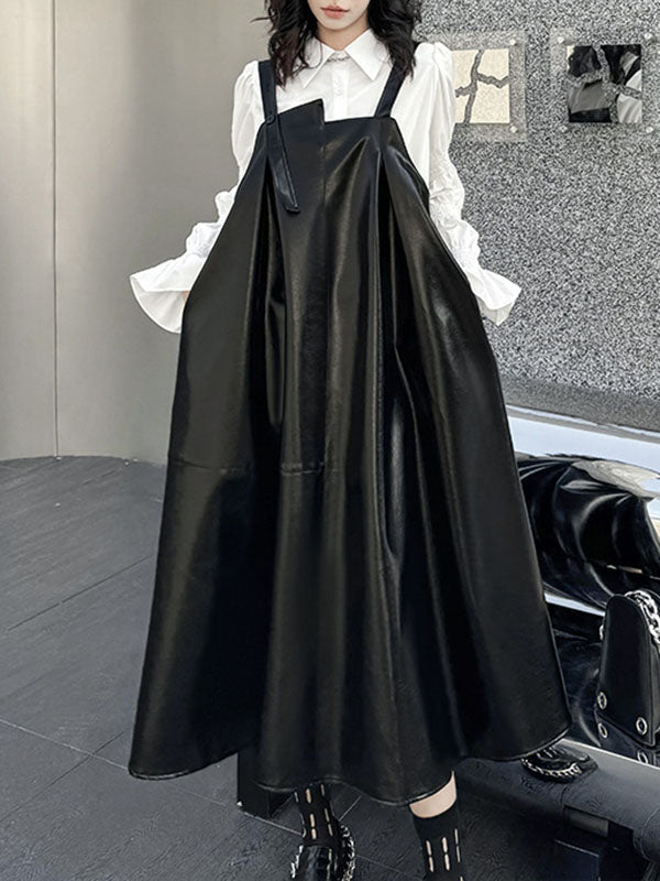 Asymmetric Pleated Solid Color Split-Joint A-Line Loose Square-Neck Slip Dress Midi Dresses