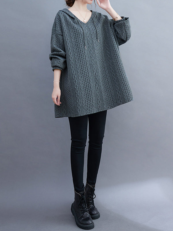 Drawstring Jacquard Solid Color Split-Joint Hooded Long Sleeves Hoodies Tops