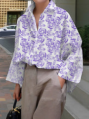 Buttoned Flower Print Pockets Split-Joint High-Low Long Sleeves Lapel Blouses&Shirts Tops
