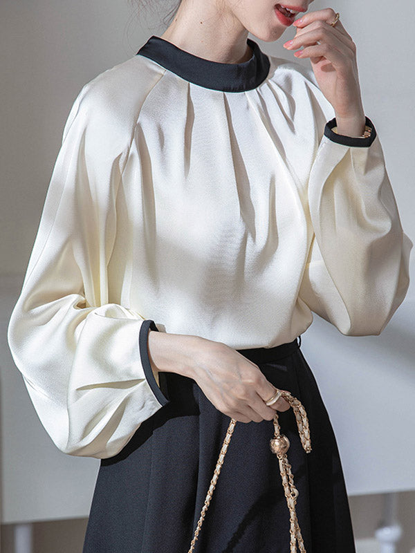 Contrast Color Pleated Split-Joint Loose Puff Sleeves Stand Collar Blouses