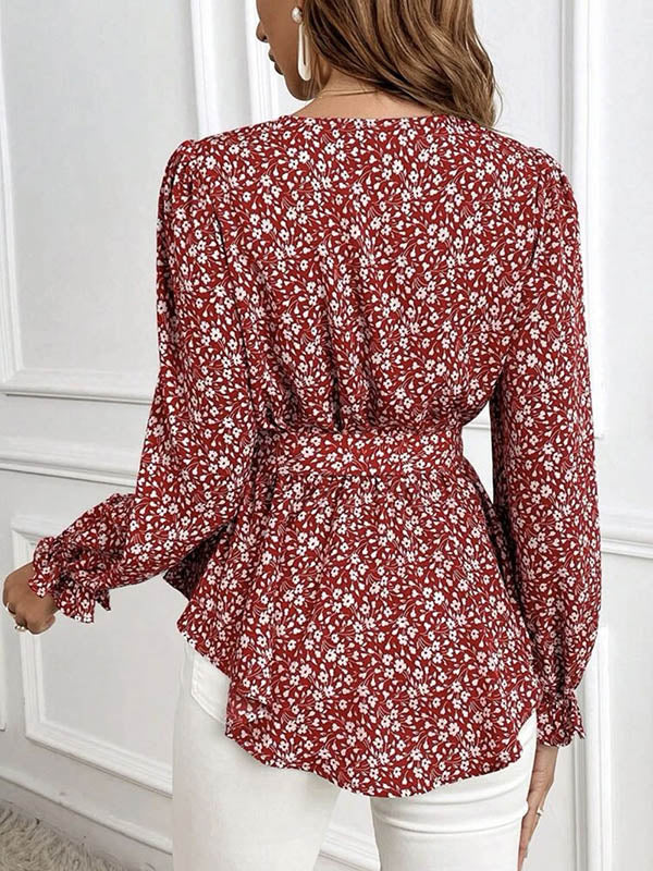 Flower Print Tied Waist Flared Sleeves Long Sleeves V-Neck Blouses&Shirts Tops