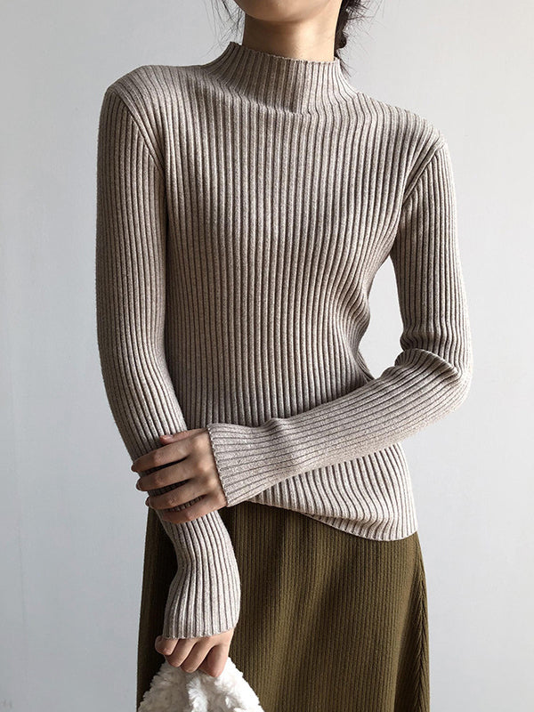 Simple Long Sleeves Skinny Leg Solid Color High-Neck Sweater Tops