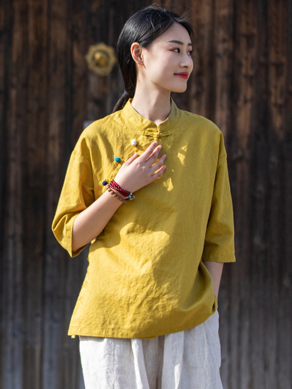 Artistic Retro Loose Half Sleeves Buttoned Contrast Color Stand Collar Blouses&Shirts Tops