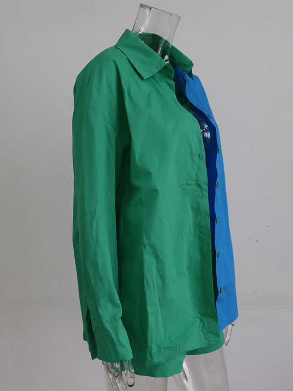 Original Loose Contrast Color Blouse&Elasticity Shorts 2 Pieces Set