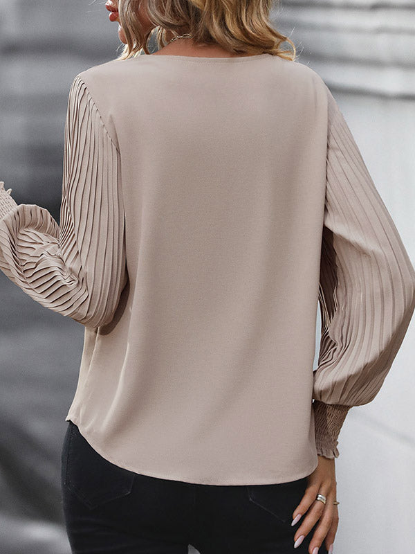 Elasticity Pleated Solid Color Long Sleeves Loose V-Neck T-Shirts Tops