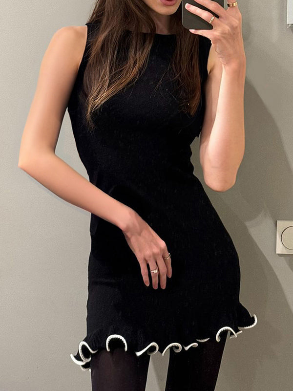 Ruffle Trim Solid Color High Waisted Sleeveless Round-Neck Mini Dresses