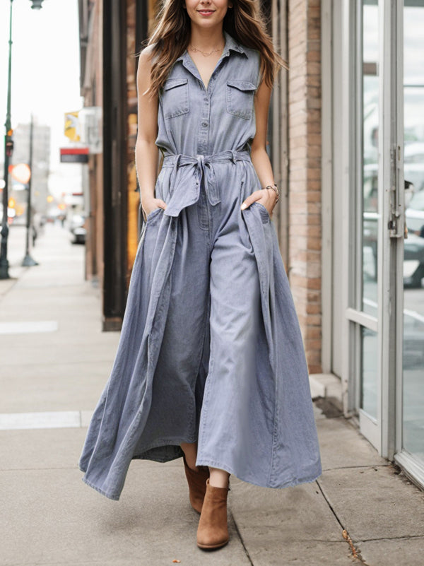 Buttoned Pleated Pockets Split-Joint Tied Loose Sleeveless Lapel Jumpsuits