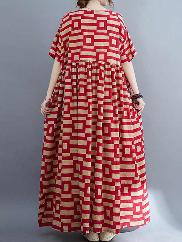 Plaid Loose Short Sleeves Round-Neck Midi Dresses