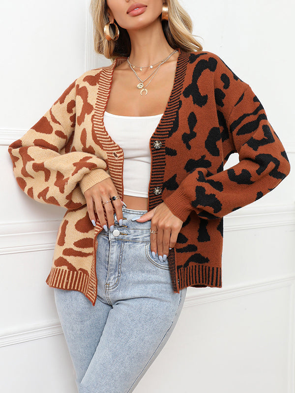 Buttoned Leopard Split-Joint Long Sleeves Loose V-Neck Cardigan Tops