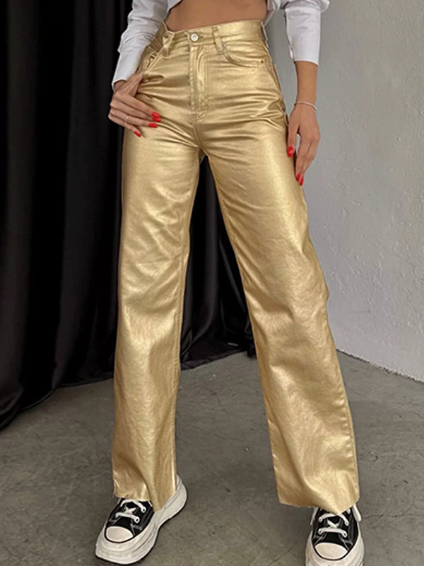 Pockets Solid Color Wide Leg Trousers Pants