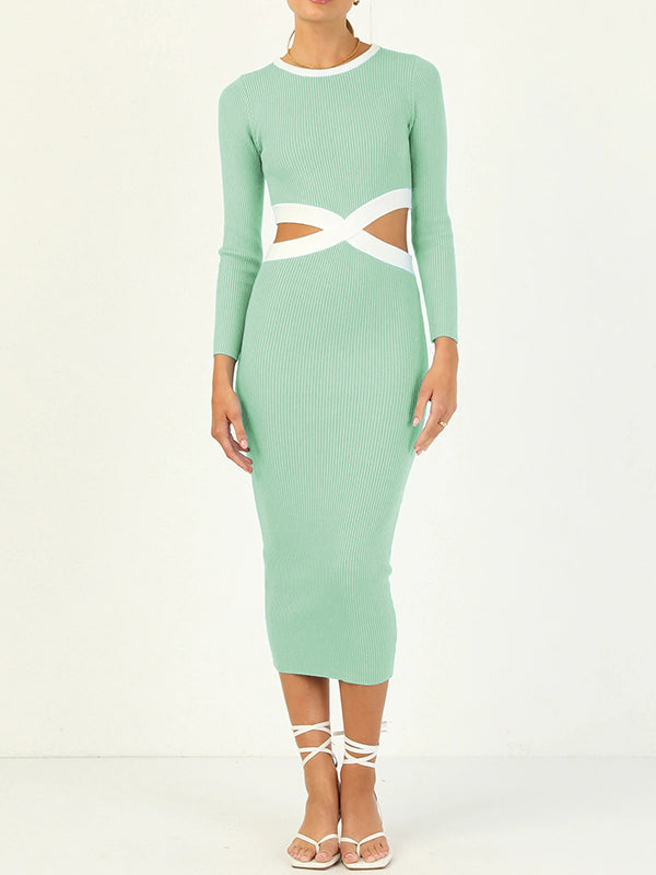 Hollow High Waisted Long Sleeves Round-Neck Midi Dresses