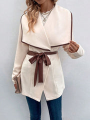 Contrast Color Tied Waist Long Sleeves Loose Lapel Outerwear