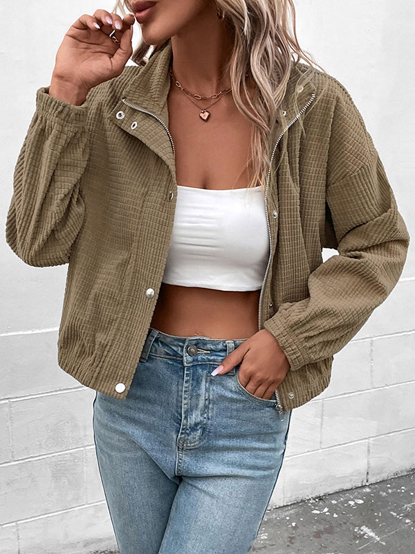 Buttoned Solid Color Zipper Long Sleeves Loose Lapel Jackets