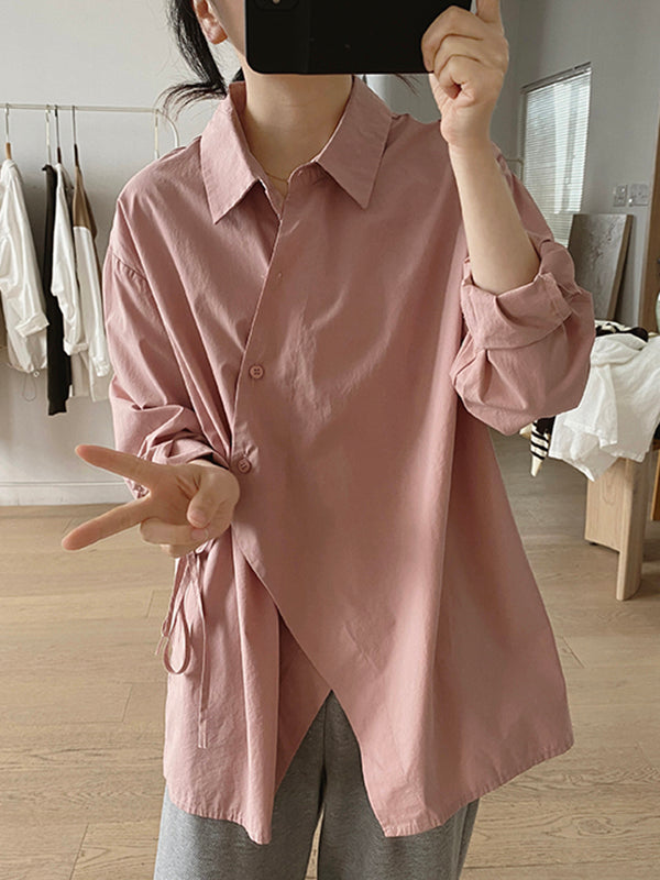 Lace-Up Solid Color Irregular Clipping Long Sleeves Lapel Blouses