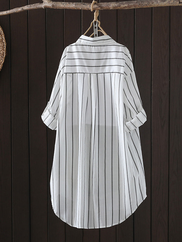 Striped Irregular clipping Long Sleeves Lapel Shirts Tops